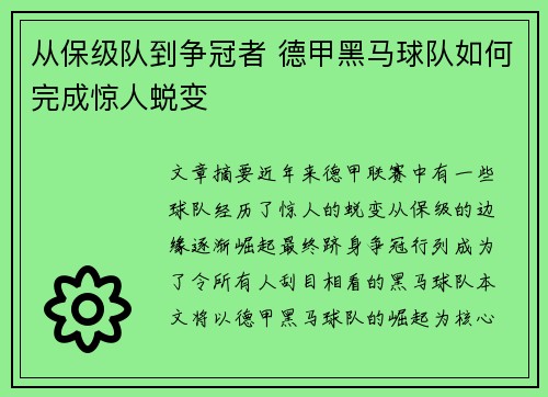 从保级队到争冠者 德甲黑马球队如何完成惊人蜕变